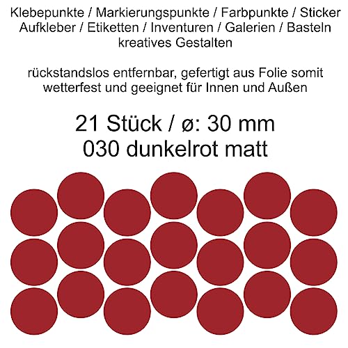 Aufkleber Etiketten Klebepunkte aus Folie 21 Stück rot dunkelrot matt rund 30 mm selbstklebend farbig wetterfest Decal Markierungen Organisieren DIY basteln verzieren Modellbau Scrapbooking von Generisch