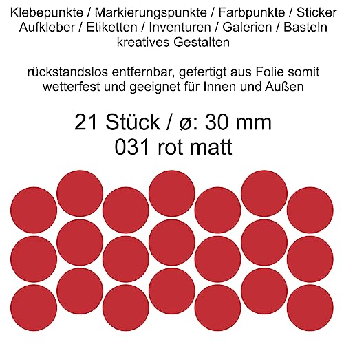 Aufkleber Etiketten Klebepunkte aus Folie 21 Stück rot matt rund 30 mm selbstklebend farbig wetterfest Decal Markierungen Organisieren DIY basteln verzieren Modellbau Scrapbooking von Generisch