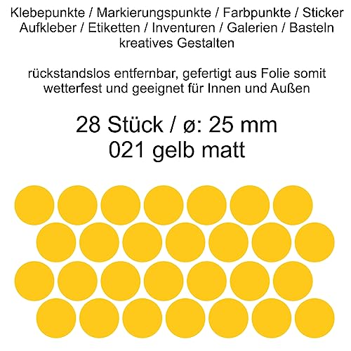 Aufkleber Etiketten Klebepunkte aus Folie 28 Stück gelb matt rund 25 mm selbstklebend farbig wetterfest Decal Markierungen Organisieren DIY basteln verzieren Modellbau Scrapbooking von Generisch