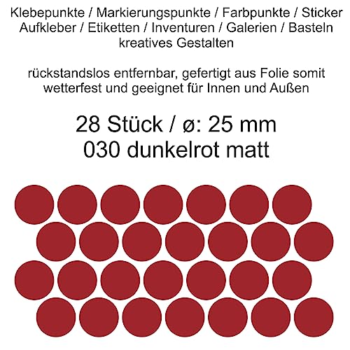 Aufkleber Etiketten Klebepunkte aus Folie 28 Stück rot dunkelrot matt rund 25 mm selbstklebend farbig wetterfest Decal Markierungen Organisieren DIY basteln verzieren Modellbau Scrapbooking von Generisch