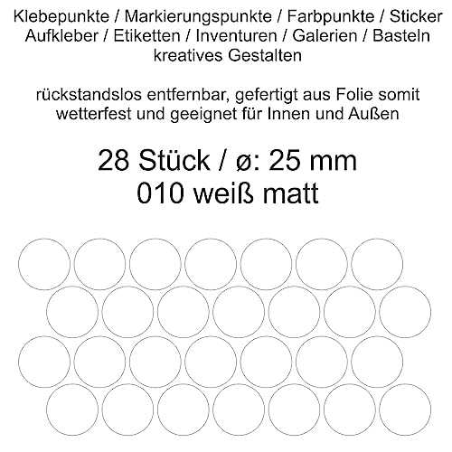 Aufkleber Etiketten Klebepunkte aus Folie 28 Stück weiß matt rund 25 mm selbstklebend farbig wetterfest Decal Markierungen Organisieren DIY basteln verzieren Modellbau Scrapbooking von Generisch