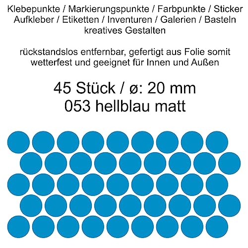 Aufkleber Etiketten Klebepunkte aus Folie 45 Stück blau hellblau matt rund 20 mm selbstklebend farbig wetterfest Decal Markierungen Organisieren DIY basteln verzieren Modellbau Scrapbooking von Generisch