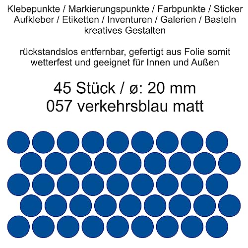 Aufkleber Etiketten Klebepunkte aus Folie 45 Stück blau verkehrsblau matt rund 20 mm selbstklebend farbig wetterfest Decal Markierungen Organisieren DIY basteln verzieren Modellbau Scrapbooking Aufkleber Etiketten Klebepunkte aus Folie 45 Stück blau verkehrsblau matt rund 20 mm selbstklebend farbig wetterfest Decal Markierungen Organisieren DIY basteln verzieren Modellbau Scrapbooking von Generisch