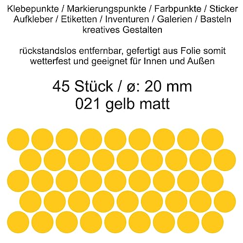 Aufkleber Etiketten Klebepunkte aus Folie 45 Stück gelb matt rund 20 mm selbstklebend farbig wetterfest Decal Markierungen Organisieren DIY basteln verzieren Modellbau Scrapbooking von Generisch
