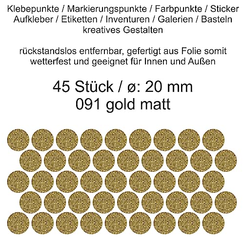 Aufkleber Etiketten Klebepunkte aus Folie 45 Stück gold matt rund 20 mm selbstklebend farbig wetterfest Decal Markierungen Organisieren DIY basteln verzieren Modellbau Scrapbooking Aufkleber Etiketten Klebepunkte aus Folie 45 Stück gold matt rund 20 mm selbstklebend farbig wetterfest Decal Markierungen Organisieren DIY basteln verzieren Modellbau Scrapbooking von Generisch