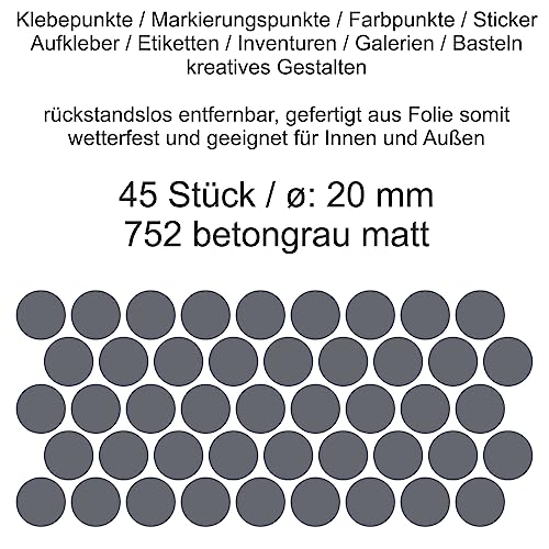 Aufkleber Etiketten Klebepunkte aus Folie 45 Stück grau betongrau matt rund 20 mm selbstklebend farbig wetterfest Decal Markierungen Organisieren DIY basteln verzieren Modellbau Scrapbooking von Generisch