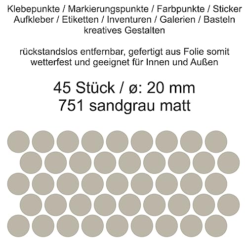 Aufkleber Etiketten Klebepunkte aus Folie 45 Stück grau sandgrau matt rund 20 mm selbstklebend farbig wetterfest Decal Markierungen Organisieren DIY basteln verzieren Modellbau Scrapbooking von Generisch