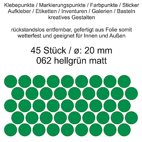 Aufkleber Etiketten Klebepunkte aus Folie 45 Stück grün hellgrün matt rund 20 mm selbstklebend farbig wetterfest Decal Markierungen Organisieren DIY basteln verzieren Modellbau Scrapbooking Aufkleber Etiketten Klebepunkte aus Folie 45 Stück grün hellgrün matt rund 20 mm selbstklebend farbig wetterfest Decal Markierungen Organisieren DIY basteln verzieren Modellbau Scrapbooking von Generisch