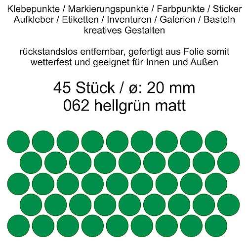 Aufkleber Etiketten Klebepunkte aus Folie 45 Stück grün hellgrün matt rund 20 mm selbstklebend farbig wetterfest Decal Markierungen Organisieren DIY basteln verzieren Modellbau Scrapbooking von Generisch