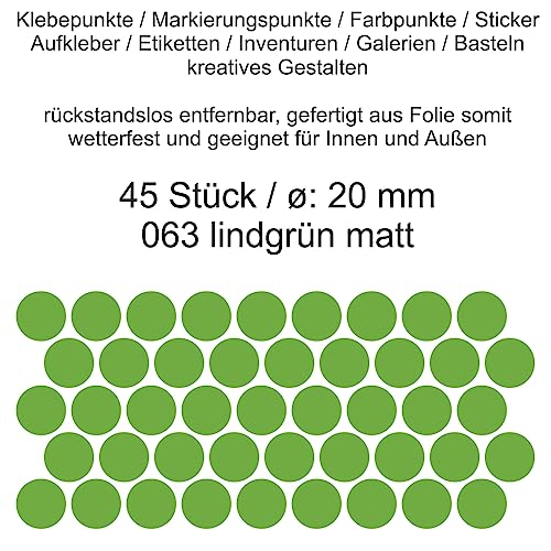 Aufkleber Etiketten Klebepunkte aus Folie 45 Stück grün lindgrün matt rund 20 mm selbstklebend farbig wetterfest Decal Markierungen Organisieren DIY basteln verzieren Modellbau Scrapbooking von Generisch