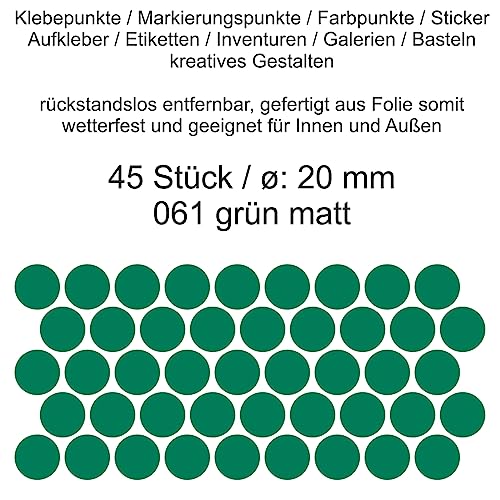 Aufkleber Etiketten Klebepunkte aus Folie 45 Stück grün matt rund 20 mm selbstklebend farbig wetterfest Decal Markierungen Organisieren DIY basteln verzieren Modellbau Scrapbooking von Generisch