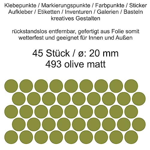 Aufkleber Etiketten Klebepunkte aus Folie 45 Stück grün olive matt rund 20 mm selbstklebend farbig wetterfest Decal Markierungen Organisieren DIY basteln verzieren Modellbau Scrapbooking von Generisch