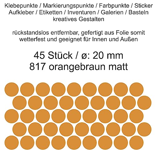Aufkleber Etiketten Klebepunkte aus Folie 45 Stück orange braun orangebraun matt rund 20 mm selbstklebend farbig wetterfest Decal Markierungen Organisieren DIY basteln verzieren Modellbau Scrapbooking Aufkleber Etiketten Klebepunkte aus Folie 45 Stück orange braun orangebraun matt rund 20 mm selbstklebend farbig wetterfest Decal Markierungen Organisieren DIY basteln verzieren Modellbau Scrapbooking von Generisch