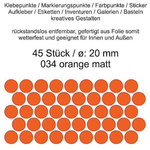 Aufkleber Etiketten Klebepunkte aus Folie 45 Stück orange matt rund 20 mm selbstklebend farbig wetterfest Decal Markierungen Organisieren DIY basteln verzieren Modellbau Scrapbooking von Generisch