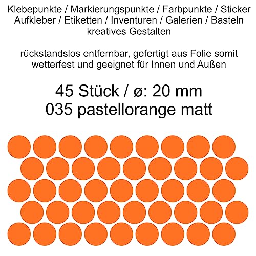 Aufkleber Etiketten Klebepunkte aus Folie 45 Stück orange pastellorange matt rund 20 mm selbstklebend farbig wetterfest Decal Markierungen Organisieren DIY basteln verzieren Modellbau Scrapbooking Aufkleber Etiketten Klebepunkte aus Folie 45 Stück orange pastellorange matt rund 20 mm selbstklebend farbig wetterfest Decal Markierungen Organisieren DIY basteln verzieren Modellbau Scrapbooking von Generisch