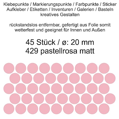 Aufkleber Etiketten Klebepunkte aus Folie 45 Stück rosa pastellrosa matt rund 20 mm selbstklebend farbig wetterfest Decal Markierungen Organisieren DIY basteln verzieren Modellbau Scrapbooking von Generisch