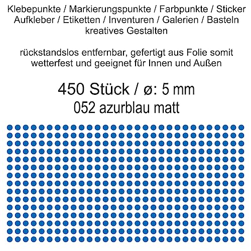 Aufkleber Etiketten Klebepunkte aus Folie 450 Stück blau azurblau matt rund 5 mm selbstklebend farbig wetterfest Decal Markierungen Organisieren DIY basteln verzieren Modellbau Scrapbooking von Generisch