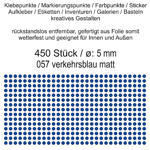 Aufkleber Etiketten Klebepunkte aus Folie 450 Stück blau verkehrsblau matt rund 5 mm selbstklebend farbig wetterfest Decal Markierungen Organisieren DIY basteln verzieren Modellbau Scrapbooking von Generisch