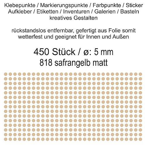Aufkleber Etiketten Klebepunkte aus Folie 450 Stück gelb safrangelb matt rund 5 mm selbstklebend farbig wetterfest Decal Markierungen Organisieren DIY basteln verzieren Modellbau Scrapbooking von Generisch