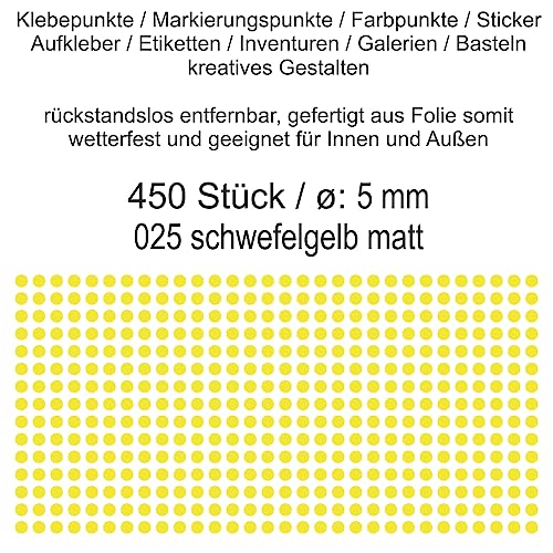 Aufkleber Etiketten Klebepunkte aus Folie 450 Stück gelb schwefelgelb matt rund 5 mm selbstklebend farbig wetterfest Decal Markierungen Organisieren DIY basteln verzieren Modellbau Scrapbooking Aufkleber Etiketten Klebepunkte aus Folie 450 Stück gelb schwefelgelb matt rund 5 mm selbstklebend farbig wetterfest Decal Markierungen Organisieren DIY basteln verzieren Modellbau Scrapbooking von Generisch