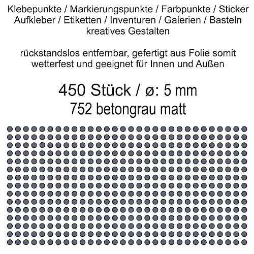 Aufkleber Etiketten Klebepunkte aus Folie 450 Stück grau betongrau matt rund 5 mm selbstklebend farbig wetterfest Decal Markierungen Organisieren DIY basteln verzieren Modellbau Scrapbooking von Generisch