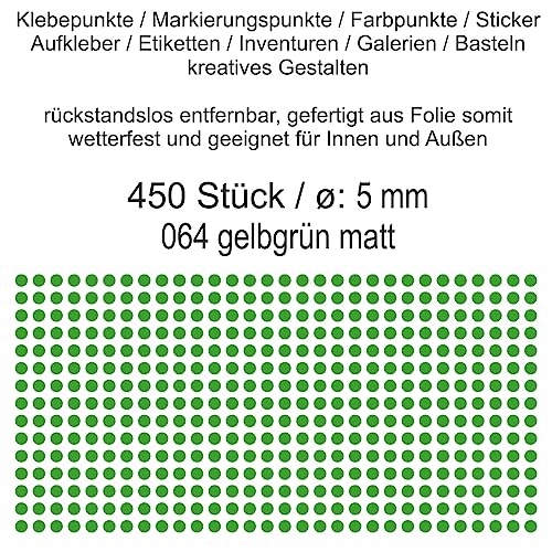 Aufkleber Etiketten Klebepunkte aus Folie 450 Stück grün gelbgrün matt rund 5 mm selbstklebend farbig wetterfest Decal Markierungen Organisieren DIY basteln verzieren Modellbau Scrapbooking von Generisch
