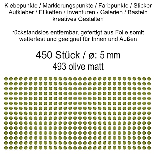 Aufkleber Etiketten Klebepunkte aus Folie 450 Stück grün olive matt rund 5 mm selbstklebend farbig wetterfest Decal Markierungen Organisieren DIY basteln verzieren Modellbau Scrapbooking Aufkleber Etiketten Klebepunkte aus Folie 450 Stück grün olive matt rund 5 mm selbstklebend farbig wetterfest Decal Markierungen Organisieren DIY basteln verzieren Modellbau Scrapbooking von Generisch