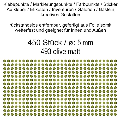 Aufkleber Etiketten Klebepunkte aus Folie 450 Stück grün olive matt rund 5 mm selbstklebend farbig wetterfest Decal Markierungen Organisieren DIY basteln verzieren Modellbau Scrapbooking von Generisch