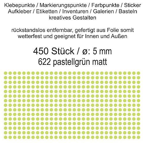 Aufkleber Etiketten Klebepunkte aus Folie 450 Stück grün pastellgrün matt rund 5 mm selbstklebend farbig wetterfest Decal Markierungen Organisieren DIY basteln verzieren Modellbau Scrapbooking von Generisch