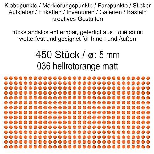 Aufkleber Etiketten Klebepunkte aus Folie 450 Stück orange rot hellrotorange matt rund 5 mm selbstklebend farbig wetterfest Decal Markierungen Organisieren DIY basteln verzieren Modellbau Scrapbooking von Generisch