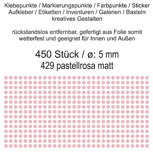 Aufkleber Etiketten Klebepunkte aus Folie 450 Stück rosa pastellrosa matt rund 5 mm selbstklebend farbig wetterfest Decal Markierungen Organisieren DIY basteln verzieren Modellbau Scrapbooking von Generisch