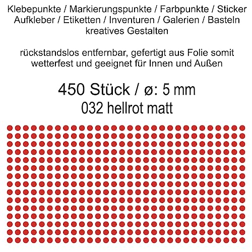 Aufkleber Etiketten Klebepunkte aus Folie 450 Stück rot hellrot matt rund 5 mm selbstklebend farbig wetterfest Decal Markierungen Organisieren DIY basteln verzieren Modellbau Scrapbooking von Generisch