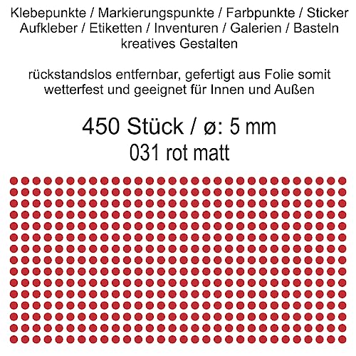 Aufkleber Etiketten Klebepunkte aus Folie 450 Stück rot matt rund 5 mm selbstklebend farbig wetterfest Decal Markierungen Organisieren DIY basteln verzieren Modellbau Scrapbooking von Generisch