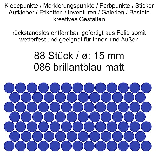 Aufkleber Etiketten Klebepunkte aus Folie 88 Stück blau brillantblau matt rund 15 mm selbstklebend farbig wetterfest Decal Markierungen Organisieren DIY basteln verzieren Modellbau Scrapbooking von Generisch