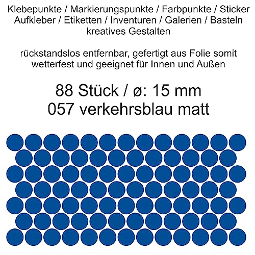 Aufkleber Etiketten Klebepunkte aus Folie 88 Stück blau verkehrsblau matt rund 15 mm selbstklebend farbig wetterfest Decal Markierungen Organisieren DIY basteln verzieren Modellbau Scrapbooking von Generisch