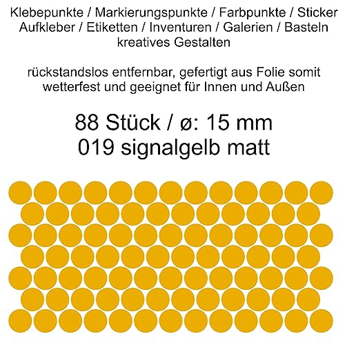Aufkleber Etiketten Klebepunkte aus Folie 88 Stück gelb signalgelb matt rund 15 mm selbstklebend farbig wetterfest Decal Markierungen Organisieren DIY basteln verzieren Modellbau Scrapbooking von Generisch