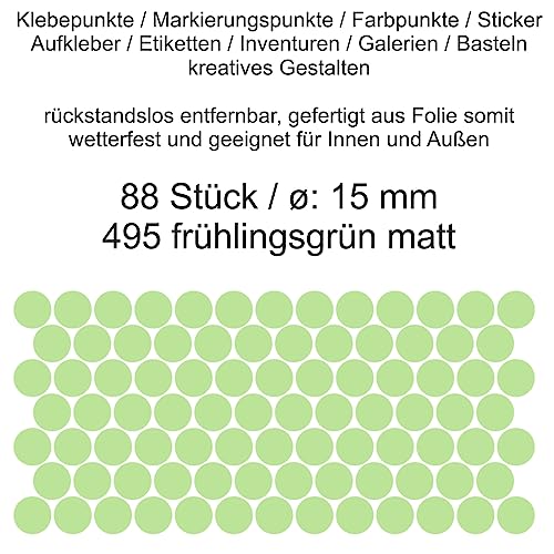 Aufkleber Etiketten Klebepunkte aus Folie 88 Stück grün frühlingsgrün matt rund 15 mm selbstklebend farbig wetterfest Decal Markierungen Organisieren DIY basteln verzieren Modellbau Scrapbooking von Generisch
