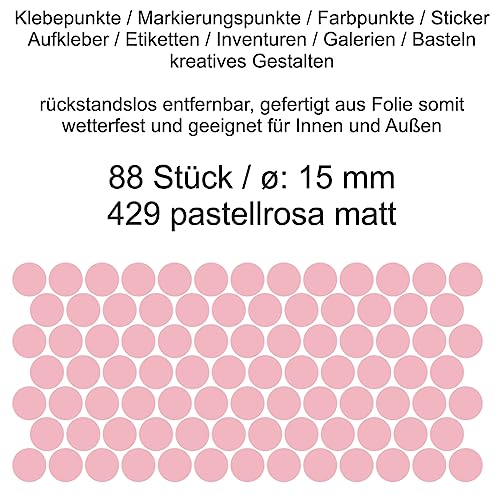 Aufkleber Etiketten Klebepunkte aus Folie 88 Stück rosa pastellrosa matt rund 15 mm selbstklebend farbig wetterfest Decal Markierungen Organisieren DIY basteln verzieren Modellbau Scrapbooking von Generisch