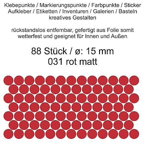 Aufkleber Etiketten Klebepunkte aus Folie 88 Stück rot matt rund 15 mm selbstklebend farbig wetterfest Decal Markierungen Organisieren DIY basteln verzieren Modellbau Scrapbooking von Generisch