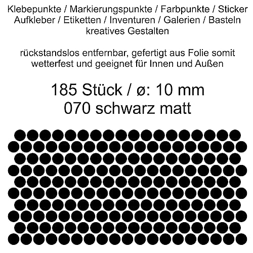 Generisch Aufkleber Etiketten Klebepunkte aus Folie Schwarz Matt/Glanz Glänzend/Metallic Durchmesser 5mm/10mm/15mm/20mm/25mm/30mm/35mm Selbstklebend Farbig Wetterfest (Schwarz Matt, 10 mm) von Generisch