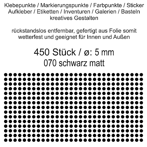 Generisch Aufkleber Etiketten Klebepunkte aus Folie Schwarz Matt/Glanz Glänzend/Metallic Durchmesser 5mm/10mm/15mm/20mm/25mm/30mm/35mm Selbstklebend Farbig Wetterfest (Schwarz Matt, 5 mm) - 1 Stück von Generisch