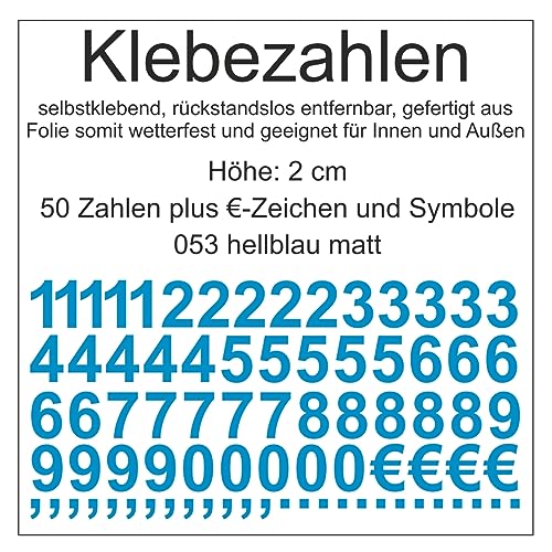 Aufkleber Sticker Klebezahlen Klebezahl Zahlen Zahl Nummern aus Folie 50 Zahlen blau hellblau matt Höhe 2 cm selbstklebend wetterfest Nummerierung Preisauszeichnung Beschriftung Modellbau verzieren von Generisch