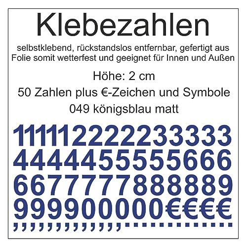 Aufkleber Sticker Klebezahlen Klebezahl Zahlen Zahl Nummern aus Folie 50 Zahlen blau königsblau matt Höhe 2 cm selbstklebend wetterfest Nummerierung Preisauszeichnung Beschriftung Modellbau verzieren von Generisch