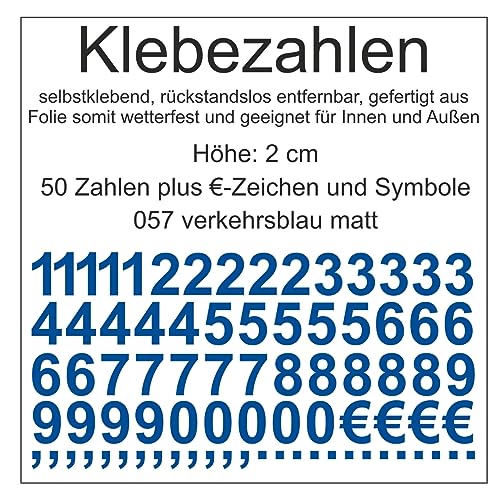 Aufkleber Sticker Klebezahlen Klebezahl Zahlen Zahl Nummern aus Folie 50 Zahlen blau verkehrsblau matt Höhe 2 cm selbstklebend wetterfest Nummerierung Preisauszeichnung Beschriftung Modellbau von Generisch