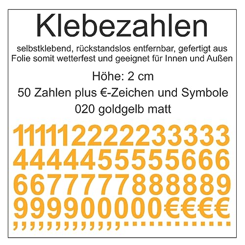 Aufkleber Sticker Klebezahlen Klebezahl Zahlen Zahl Nummern aus Folie 50 Zahlen gelb goldgelb matt Höhe 2 cm selbstklebend wetterfest Nummerierung Preisauszeichnung Beschriftung Modellbau verzieren von Generisch