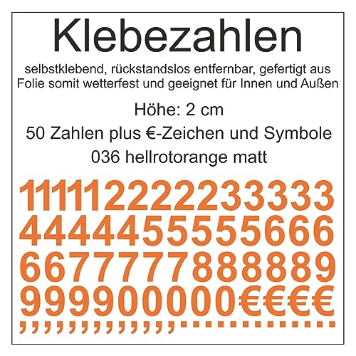 Aufkleber Sticker Klebezahlen Klebezahl Zahlen Zahl Nummern aus Folie 50 Zahlen orange rot hellrotorange matt Höhe 2 cm selbstklebend wetterfest Nummerierung Preisauszeichnung Beschriftung Modellbau von Generisch