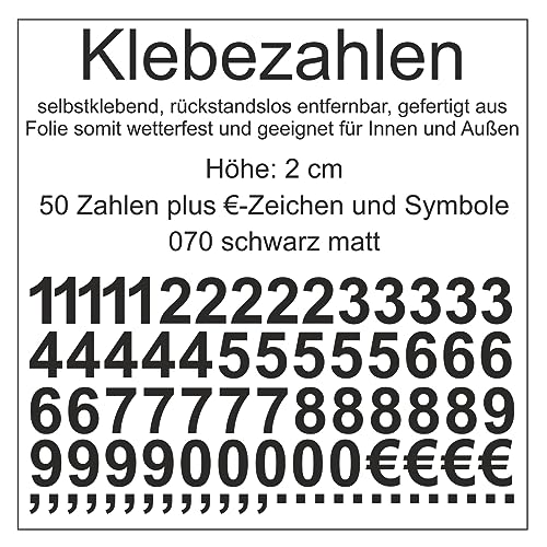 Aufkleber Sticker Klebezahlen Klebezahl Zahlen Zahl Nummern aus Folie 50 Zahlen schwarz matt Höhe 2 cm selbstklebend wetterfest Nummerierung Preisauszeichnung Beschriftung Modellbau verzieren von Generisch