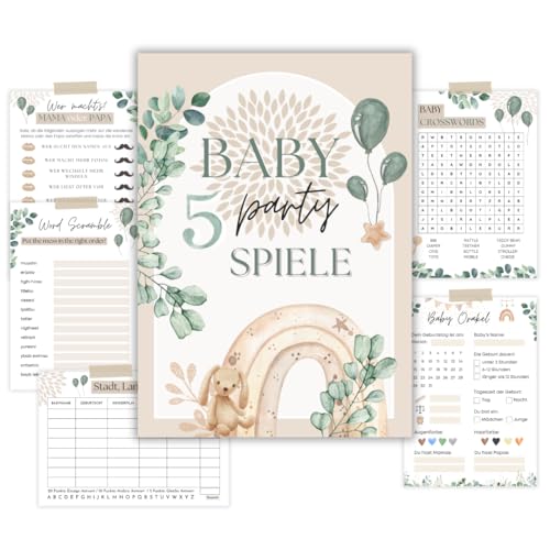 Babyparty Spiele Set, 5 lustige Babyshower Spiele (12 Faltblätter), Babyparty Geschenk, Babyshower Spielkarten neutral, Baby Orakel von Generisch