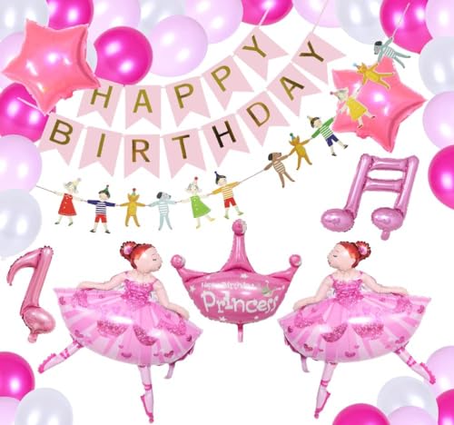 Ballerina Ballet Prinzessin Mädchen Deko Folienballon Ballon Musik Noten Tanzen Tanz Geburtstag Dekoration Pink Weiß Happy Birthday Ballett Geburtstags Party (ohne Zahl) von Generisch