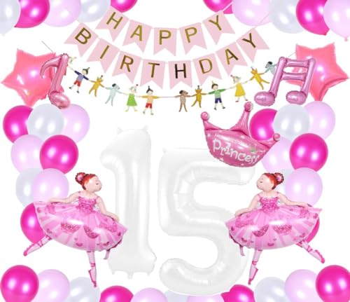 Ballerina Ballet Prinzessin Mädchen Deko mit Riesenzahl 15 weiß Folienballon Ballon Musik Noten Tanzen Tanz 15. Geburtstag Dekoration Pink Weiß Happy Birthday Ballett Geburtstags Party (Zahl 15 weiß) von Generisch